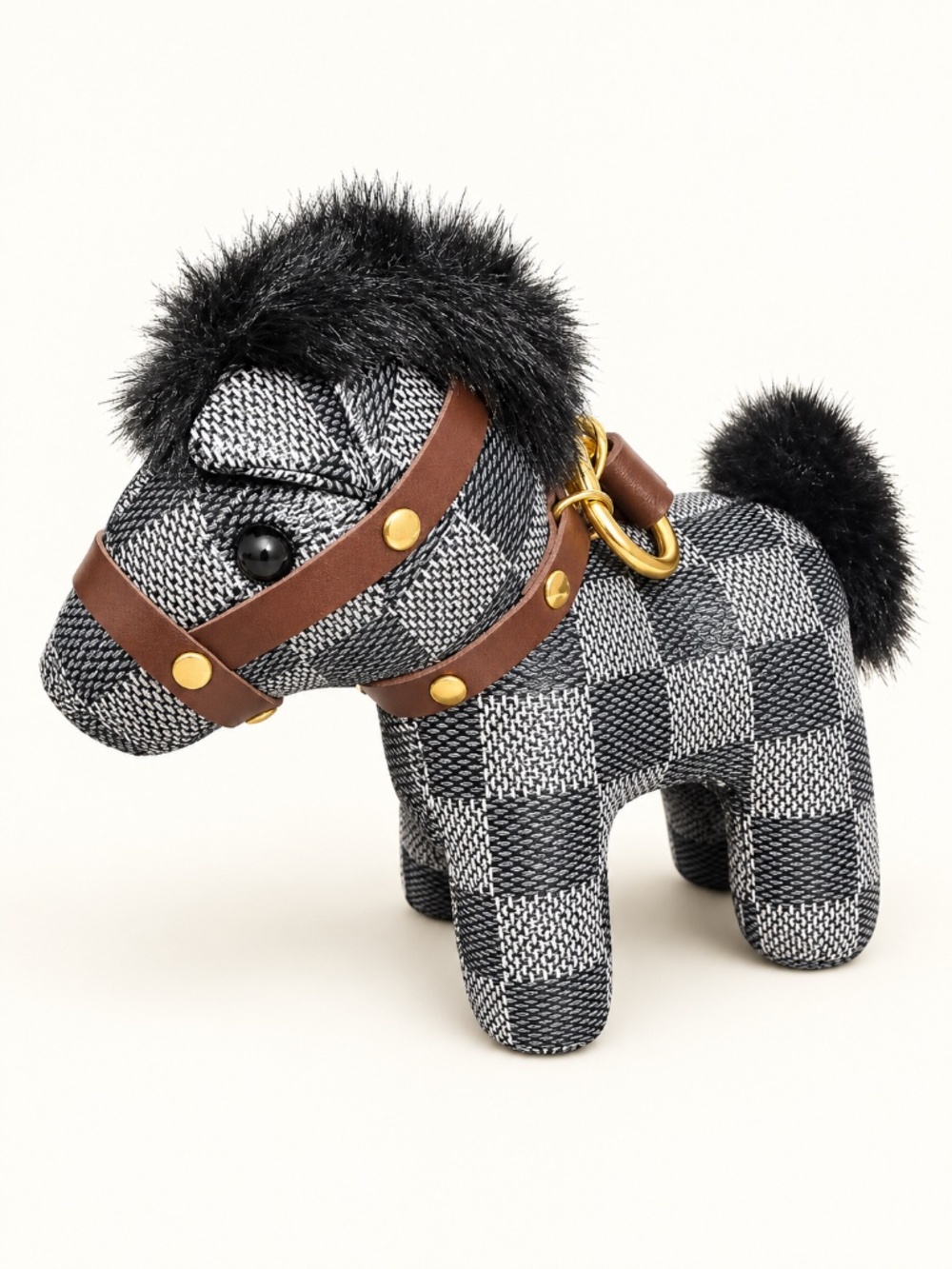 Checkered Horse Bag Charm – Black & White with Gold-Tone Hardware